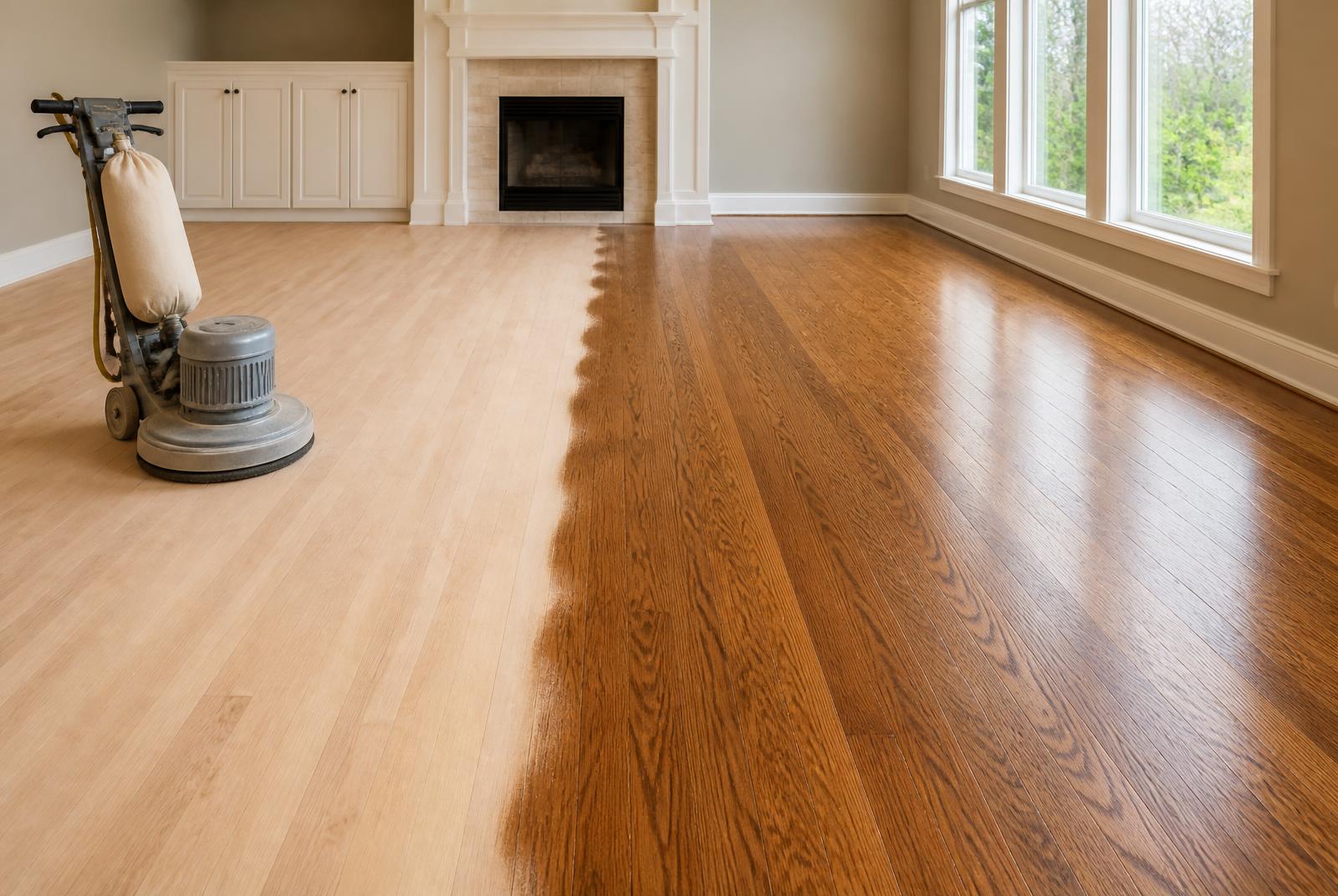 Hardwood floor being sanded and refinished, half raw wood and half finished oak